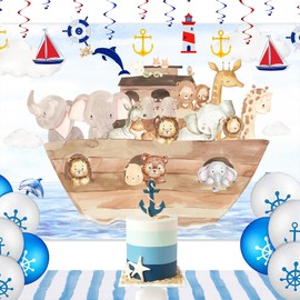 Glawry Noah's Ark Baby Shower Backdrop for Photography 5Wx3H Feet Cute Cartoon Woodland Animals Blue Ocean Lovely Clouds Newborn Kids Party Decorations Photoshoot Background Photo Booth Studio