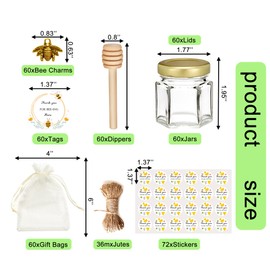 Adabocute 60 Pack Mini Hexagonal Honey Jars with Dippers - Elegant Glass Jars with Gold Lids, Wooden Dippers, Jutes, Bee Charms, Beige Bags - Perfect Party Favors for Baby Showers, Weddings Showers