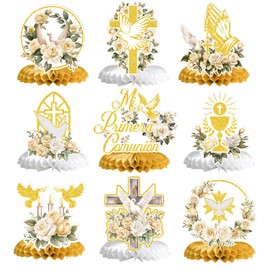 Mi Primera Comunion Honeycomb Centerpieces, Baptism Decorations, Mi Bautizo Religious Table Centerpiece, First Communion Table Decor, Baptism Christening Baby Shower Party Decorations 9PCS