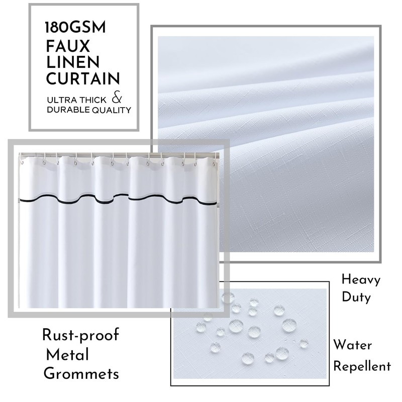 youngseahome White Shower Curtain with Black Border, Modern Chic Faux
