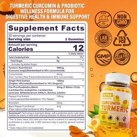 Sugar Free Turmeric Curcumin Filled Gummies 550mg for Adults, Ginger & Black Pepper | 95% Curcuminoids w/Prebiotic Probiotic & Postbiotic Blend, Support, Immune & Digestive Health, Vegan, 2Pack