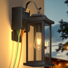 Roravilila Dusk to Dawn Outdoor Lighting with GFCI Outlet, 17 Inch Large Porch Light Lantern Modern Black Outdoor Sconce Lighting IP65 Waterproof Outside Light Wall Mounted Exterior Carriage Light E26