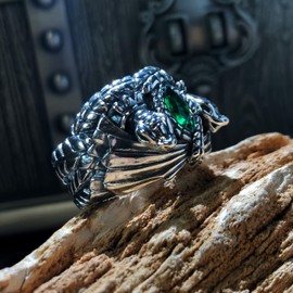 bahamut 925 Sterling Silver Mens Aragorn Rings of Barahir with Green Cubic Zirconia,Snake Band, LOTR Cosplay Jewelry (Green, 9)
