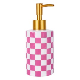 Bathroom Soap Dispenser with Checkered Pattern, 10 Oz Pink and White Checkerboard Ceramic Golden Pump Bottle for Modern Kitchen Decor