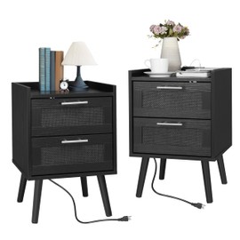 Finnhomy Nightstand with Charging Station, Bedside Table with 2 Hand Made Rattan Decorated Drawers, Night Stand with Storage for Bedroom, Full Black, Set of 2