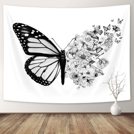 Black White Butterfly Tapestry Wall Hanging, Full Bloom Floral Retro Butterflies Tapestries, Flowers Aesthetic Tapestry Wall Art for Girls Bedroom Dorm Abstract Home Room Wall Decoration