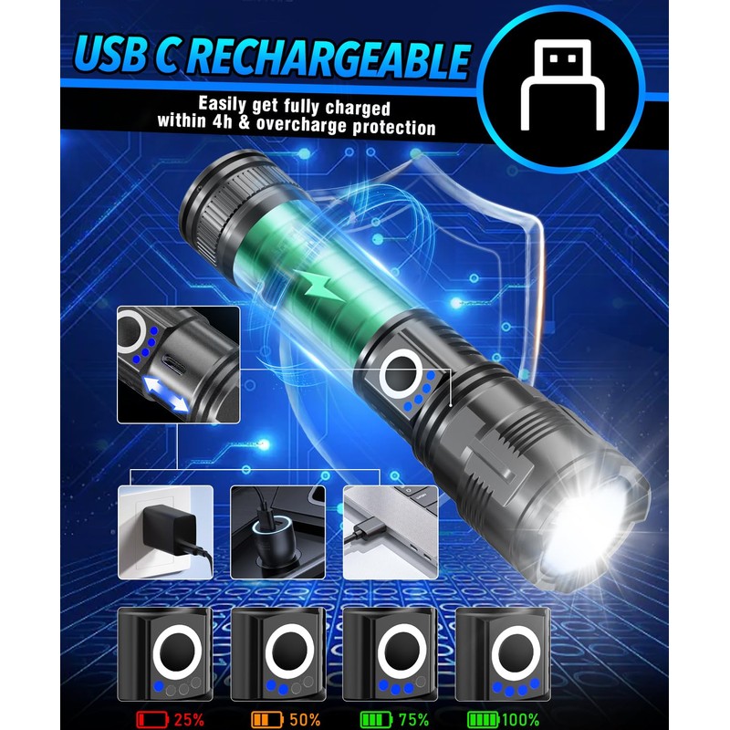 Vnina Flashlights High Lumens Rechargeable USB C Flash Light, Super