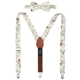 BELLUNO Boys' Floral Suspenders and Bow Tie Set, Pre-Tied Cotton Bowtie and Adjustable Suspenders for Boys - Beige