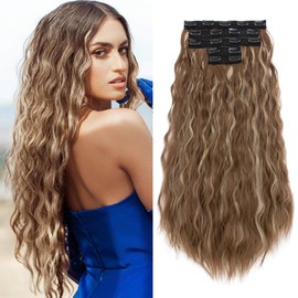 Sleekalon 5PCS Clip in Hair Extensions,24 inch Long Loose Waves Curly Hair Extensions Natural Soft Lace Weft Seamless Clip-Ins Synthetic Hairpieces for Women 12P24