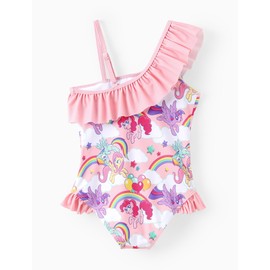 My Little Pony Girls One Piece Swimsuit, Cute Off Shoulder Ruffle Bathing Suit, Quick Dry UPF 50+ Swimwear for Kids Beach Pool Pink 6-7Years