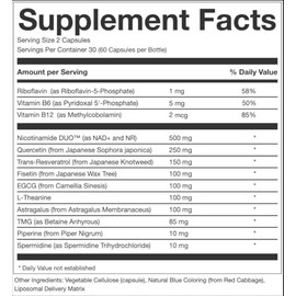 Suplemento NAD+ Complejo AEON con nicotinamida, fisetina, quercetina, resveratrol, astrágalo, colágeno, CoQ10, L-teanina y más.