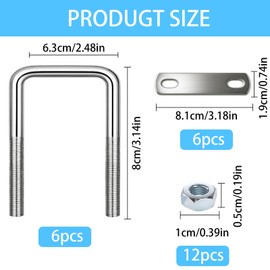 KAIYAYA Pack of 6 U-bolt U bracket with thread M6 50 x 80 mm stainless steel U screws square bracket bolts for fence posts, pipe attachment, car towing, lashing bracket