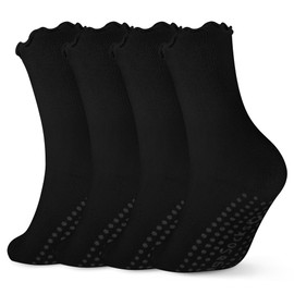 MAKABO Grip Pilates Socks, Cute Ruffle Sticky Yoga Socks for Pilates, 4 Pairs Black, Size 5-10