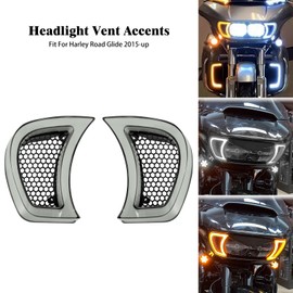 HCmotorku Motorcycle LED Headlight Vent Accents Turn Signal Light Running Light Fit for Harley Touring Road Gilde 2015-2023 (Clear)