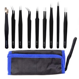 Torontoo 9pcs Non-Magnetic Stainless Steel Fine Curved Tip Tweezers Forceps Anti-Static ESD Tweezers for Electronics Repair, Soldering,Jewelry-Making,Crafting,Laboratory Work, Hobbies