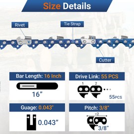 61PMM355 16 Inch Chainsaw Chain Fits for Stihl MS170 MS171 MS180c - 36100050055, R55 Chainsaw, 3/8" LP Pitch 0.043" Gauge 55 Drive Links(3 PCS)