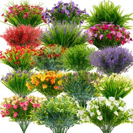 Hoteam 156 Pcs Bundles Artificial Flowers Bulk for Outdoors, UV Resistant Plastic Flowers Fake Wildflowers for Garden Patio Porch Window Box Home Wedding Farmhouse Outside Hanging Decor