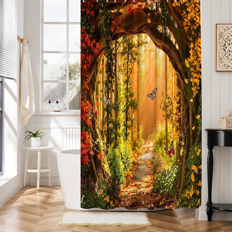 Fall Forest Shower Curtain Set,Autumn Bathroom Decor Curtain