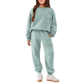 Arshiner Girl's 2 Piece Outfit Set Pullover Sweatshirt Jogger Sweatpants Tracksuit Casual Outfit Light Green 8-9 Years