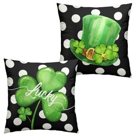 St Patricks Day Outdoor Pillow Covers 18x18 Set of 2 Green Shamrock Throw Pillow Cover Polka Dots Lucky Clover Hat Pillow Case St. Patrick's Day Farmhouse Pillowcases for Home Sofa Couch Decoration