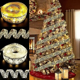 Habitable tree Christmas Tree Ribbon Decorations Golden Lights with 50 LED Lights Battery Operated Fairy Lights for New Year's & Weddings Parties 17 FT (Warm)