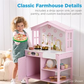 Best Choice Products Pretend Play Wooden Farmhouse Kitchen Set for Kids w/Toy Storage, Clicking Knobs, Windows, 5 Accessories Included - Cream