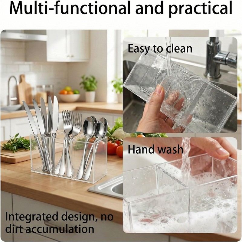 Daxilonyz 3 Section Acrylic Cutlery Organizer for Countertop, Modern Flatware