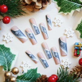 OHWODA Christmas Press on Nails Long Square Fake Nails, Cute Winter Press on Nails with Snowflake Designs Glossy Christmas Glue on Nails Full Cover False Nails Christmas Nails for Women 24Pcs