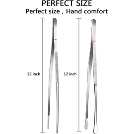 Set of 2 12" Stainless Steel Long Cooking Tweezers with Extra Fine Tip for Easy Grasping, Perfect Kitchen Tongs for Barbecue and Fry Cooking