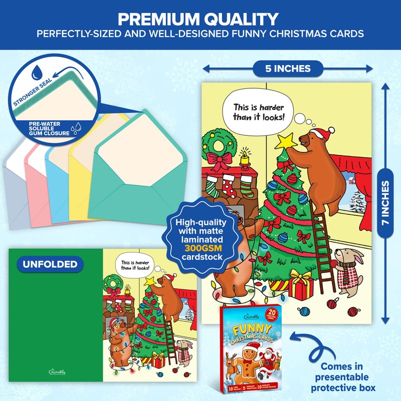 Decorably 20 Pack 5x7in Funny Christmas Cards with Envelopes and