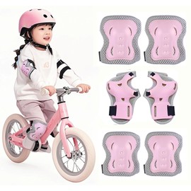 Kids Protector, Set of 6 for Kids, Bicycle, Skateboard, Roller Skating, Elbow, Wrist, Knee Guard, Velcro Type, Lightweight, Injury Prevention, Unisex, Stylish, Cute, Safety Gear (Pink)
