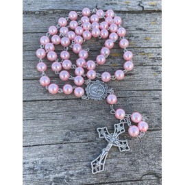 Nazareth Store Pink 8mm Pearl Beads Rosary Necklace Miraculous Medal & Cross in Velvet Bag 20"