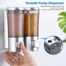 Shampoo Conditioner Body Wash Dispenser No Drill Shower Soap Dispenser Wall Mounted Shampoo Dispenser 2 Chamber with Upgrade Pump Head Bathroom Soap Dispenser 450ml/Each Sliver