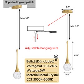 cenzoz Modern Pendant Lights for Kitchen Island LED Dimmable Crystal Glam Ceiling Pendant Lighting for Dining Room Hallway Bedroom Corner Lamp Antique Gold