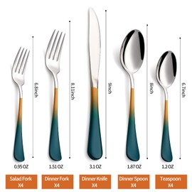 Lekoton 20 Piece Green and Orange 18/0 Flatware Utensil Set for 4, Include Dinner Knife,Dinner Forks,Dinner Spoons,Salad Forks,Teaspoons,Silverware Set for 4, Dishwasher Safe