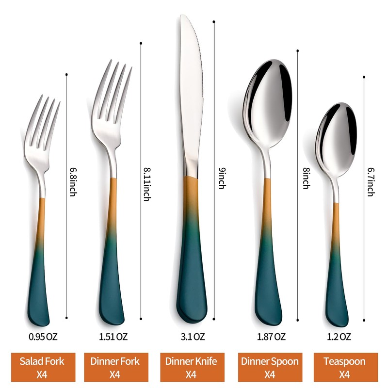 Lekoton 20 Piece Green and Orange 18/0 Flatware Utensil Set