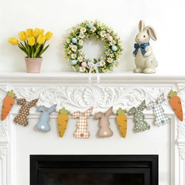 Easter Decorations,Cute Bunny Carrot Easter Banner with Wooden Beads,Spring Rabbit Banner Colorful Rustic Farmhouse Bunny Themed Garland Hanging Decoration for Mantel Fireplace Indoor Outdoor Decor