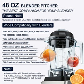 Blender Pitcher 48oz, Compatible with 750 5300 5200 5000 7500 6300 Vm0102 Vm0103 Vm0197 E310, Venturist Laser-Cut Stainless Steel Blades BPA-Free Clear Jar