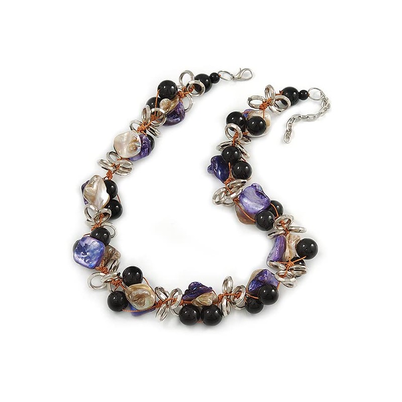 Avalaya Black Ceramic Bead & Purple/Natural Shell Composite Silver Tone