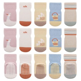 Unisex Baby Non-Slip Grip Socks - Upgraded Soft Children Floor Socks Toddler Knee High Anti Skid Crew Slipper Crawling Socks Newborn Cartoon Socks for 0-1/1-3 Year Old Girls Boys Kids