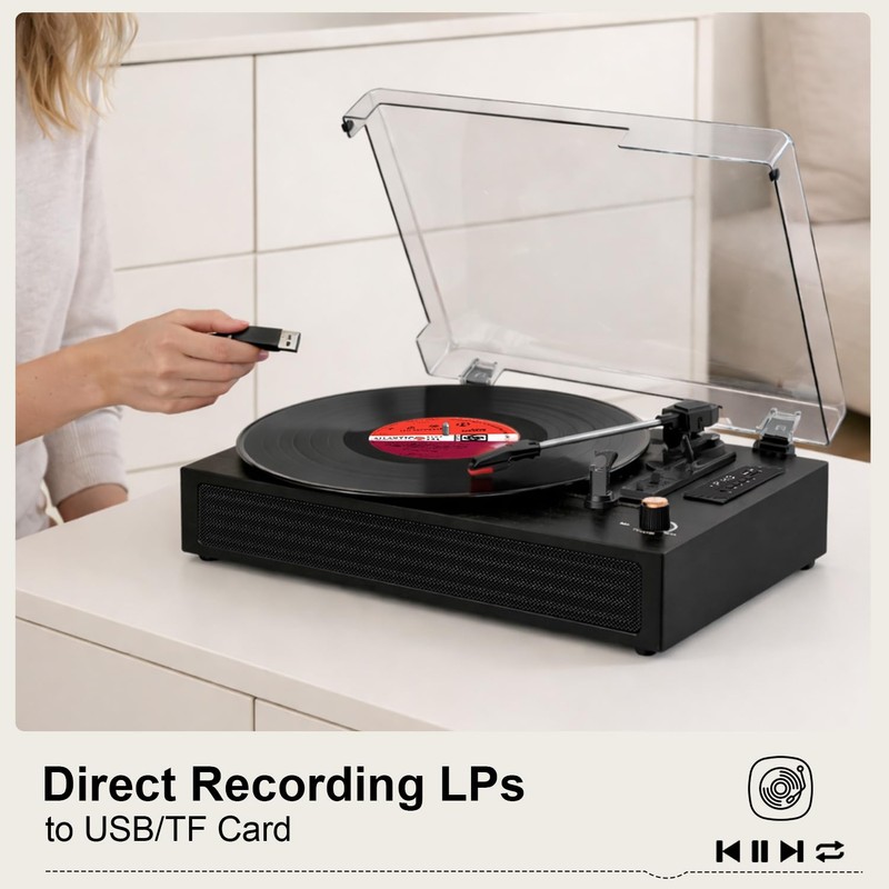 Bluetooth Turntable Vinyl Record Player, 3-Speed Record Player with Built-in