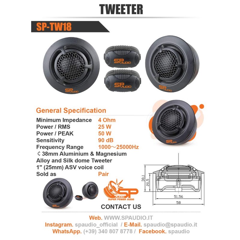 2 SP Audio SPTW-18 SP TW18 Tweeter with 25 Watt