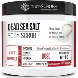 PureSCRUBS - Set de exfoliante corporal orgánico de alta calidad, 16 onzas con rosa para el cuerpo, sal del Mar Muerto impregnada con aceites...      