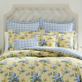 Laura Ashley - Twin Duvet Cover Set, Reversible Cotton Bedding with Matching Sham, Includes Bonus Euro Sham & Throw Pillow Covers (Cassidy Yellow, Twin)