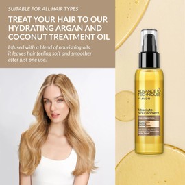 Avon Avon Absolute Nourishment Argan and Coconut Treatment Oil 100ml, Smooth and Sleek Finish, Deep Hydration, Co-created by Dermatologists and Scientists, Cruelty Free