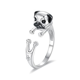 925 Sterling Silver Pug German Shepherd Labrador French Bulldog Dog Rings Adjustable Pug Lover Jewelry Gifts for Women, Silver, No Gemstone