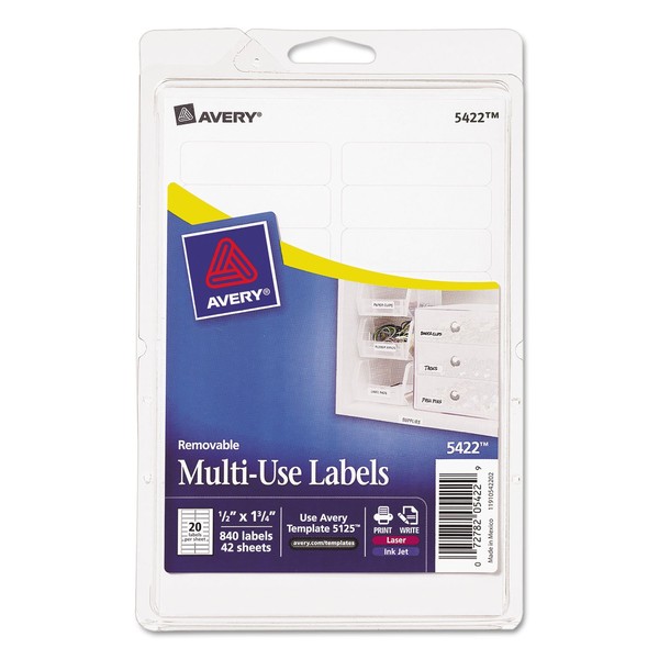 Avery 05422 Removable Multi-Use Labels, 1/2-Inch X 1-3/4-Inch, White, 840 Labels/Pack