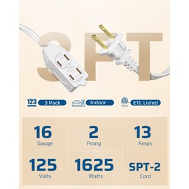 DEWENWILS 3 Foot Extension Cord, 16 AWG SPT-2 Power Cable for Indoor Use, 2 Prong Outlets Plugs for Christmas Decor and Lights, NEMA 5-15P to NEMA 5-15R, White, ETL Listed, 3 Pack