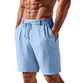TAFLE Mens Linen Shorts Casual Elastic Waist Drawstring Lightweight Vacation Summer Beach Shorts with Pockets Blue