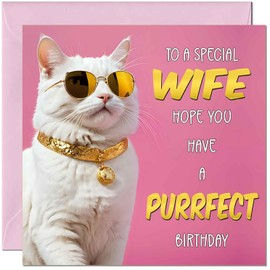 Wifes Birthday Card - Purrfect Birthday - Funny Cat Birthday Cards for Wife 145mm x 145mm